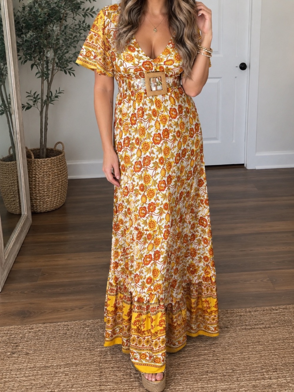 . Dress Day Marigold Orange & Yellow Floral Paisley Short Sleeve Maxi Dress